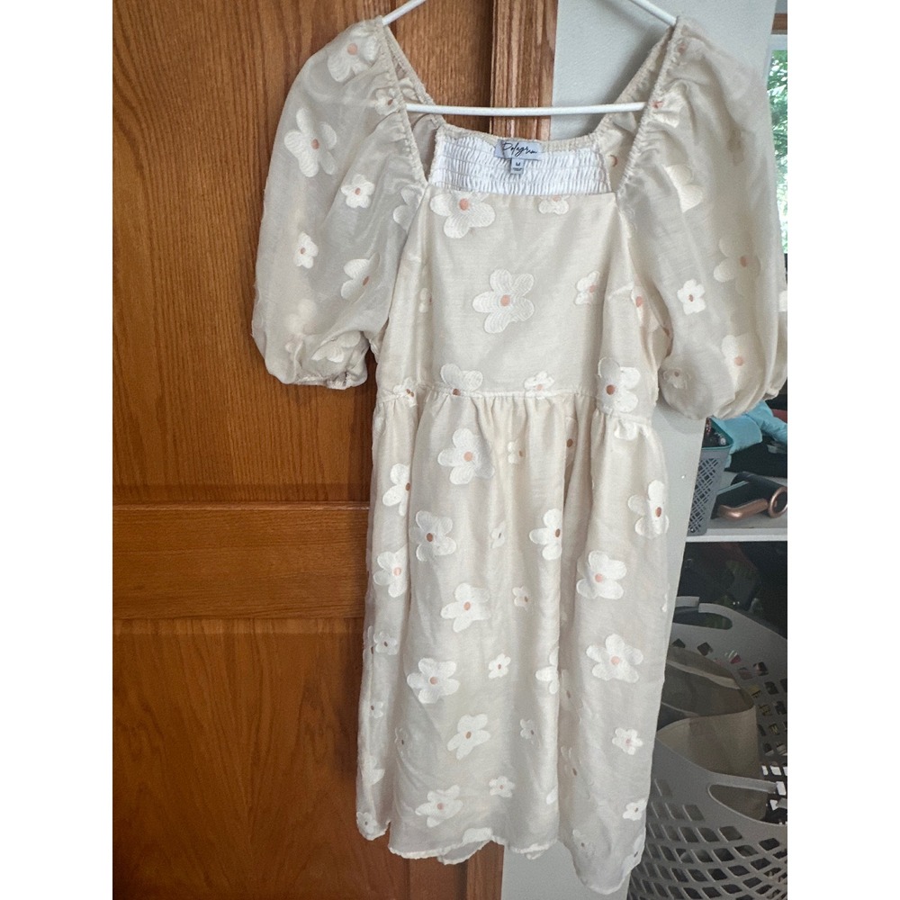 Polagram Cream Floral Embroidered Puff Sleeve Smocked Mini Dress Cottagecore